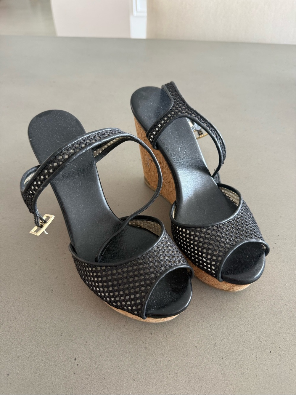 Jimmy Choo Black Mesh Cork Wedge Sandals